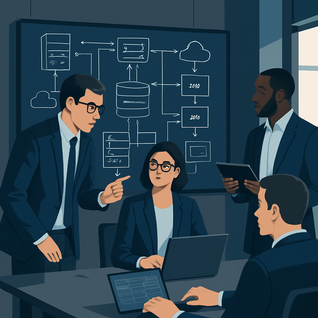 Group of professional IT consultants collaborating over a large digital architecture diagram, modern office with blue and charcoal tones, corporate and focused mood, clean and sharp illustration style