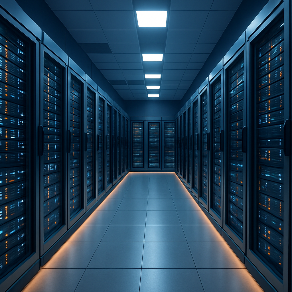 Modern data center with rows of illuminated server racks, blue and grey corporate palette with subtle orange accent lighting, professional and high-tech mood, clean and sharp photographic style
