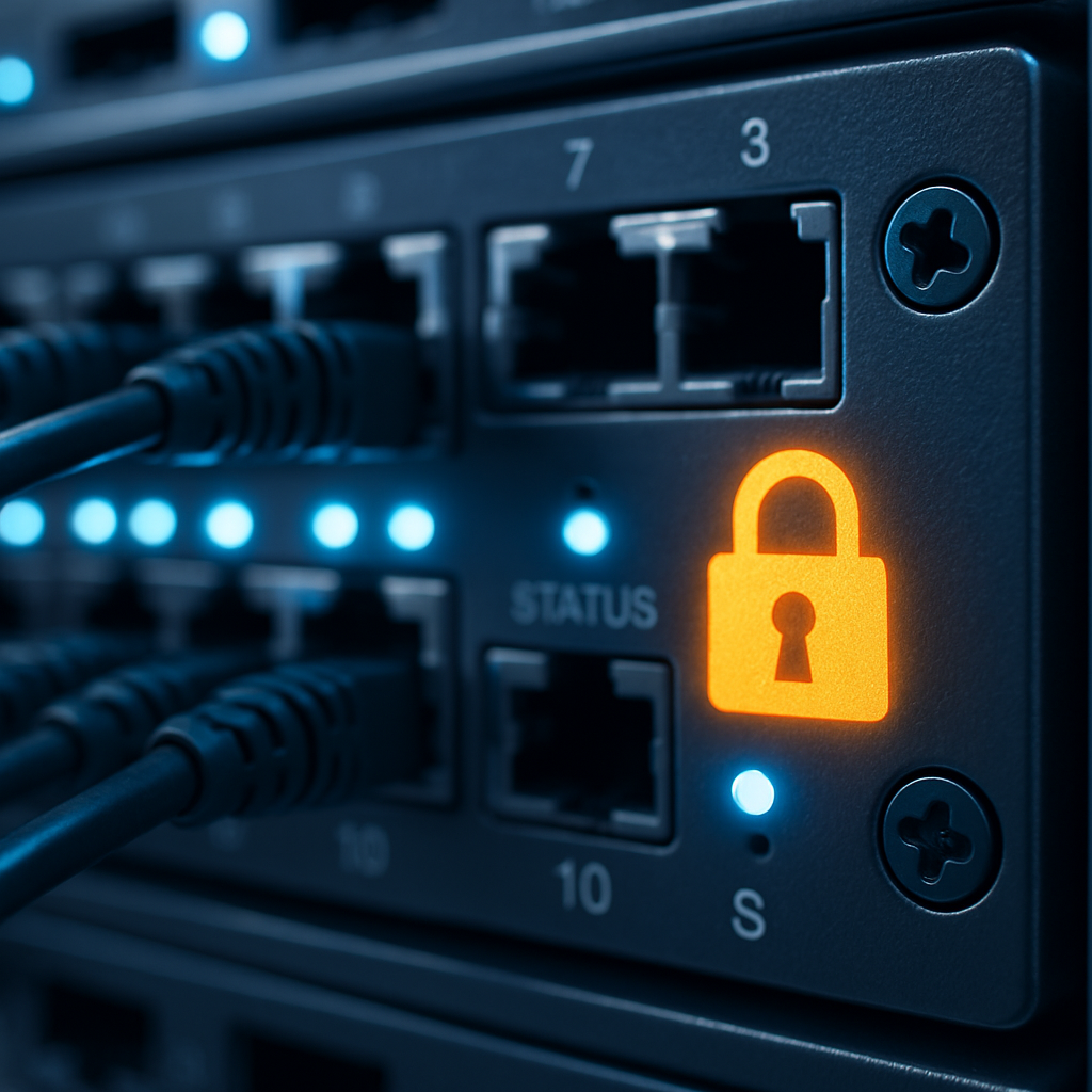 Close-up of secure network equipment with glowing indicator lights, focus on hardware security, blue and grey palette with orange security accent, sharp and detailed high-tech photographic style