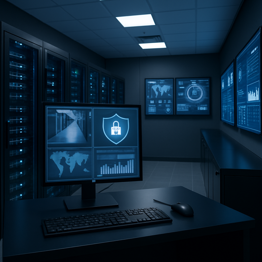 Secure server room with advanced digital monitoring screens, blue and charcoal corporate color palette, professional and modern mood, crisp and clean photographic style