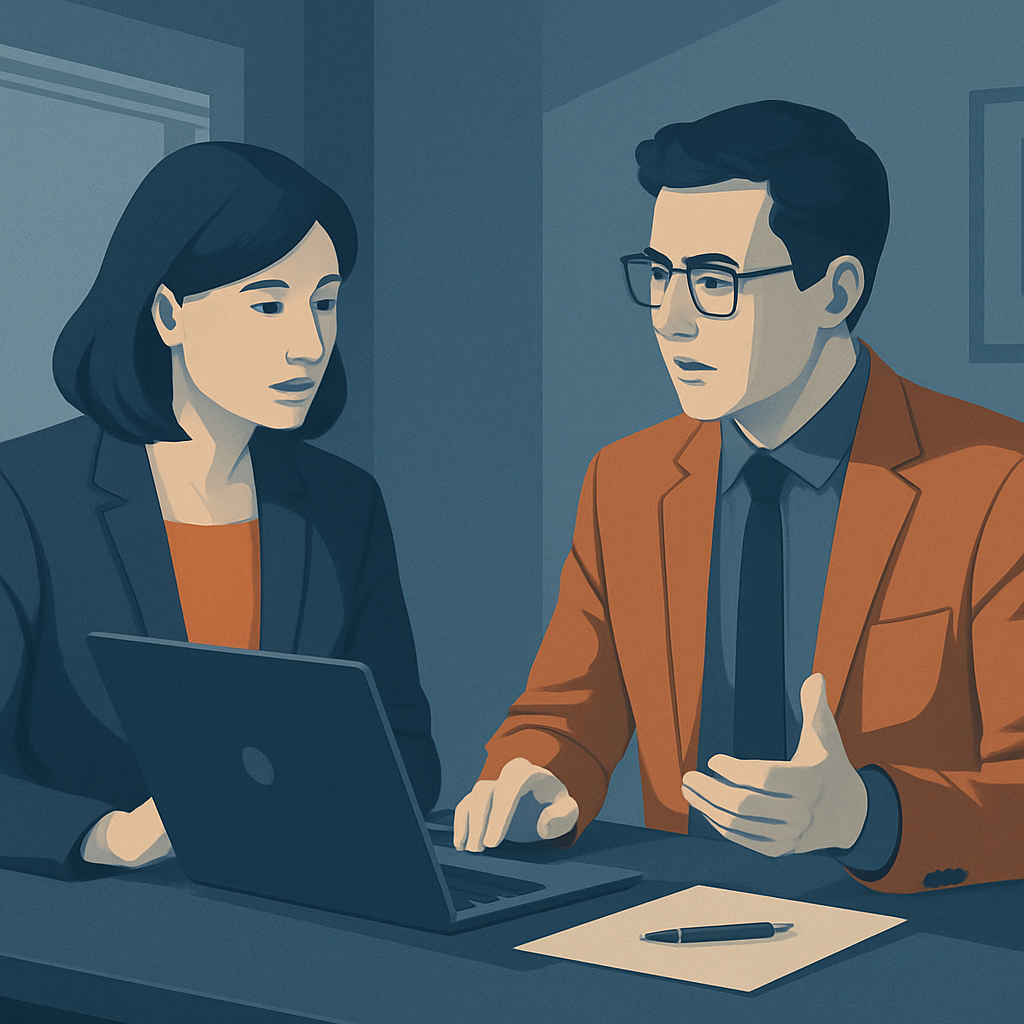 Subdued, professional business consultation illustration in muted deep blue-grey and orange tones, modern corporate style, cool lighting