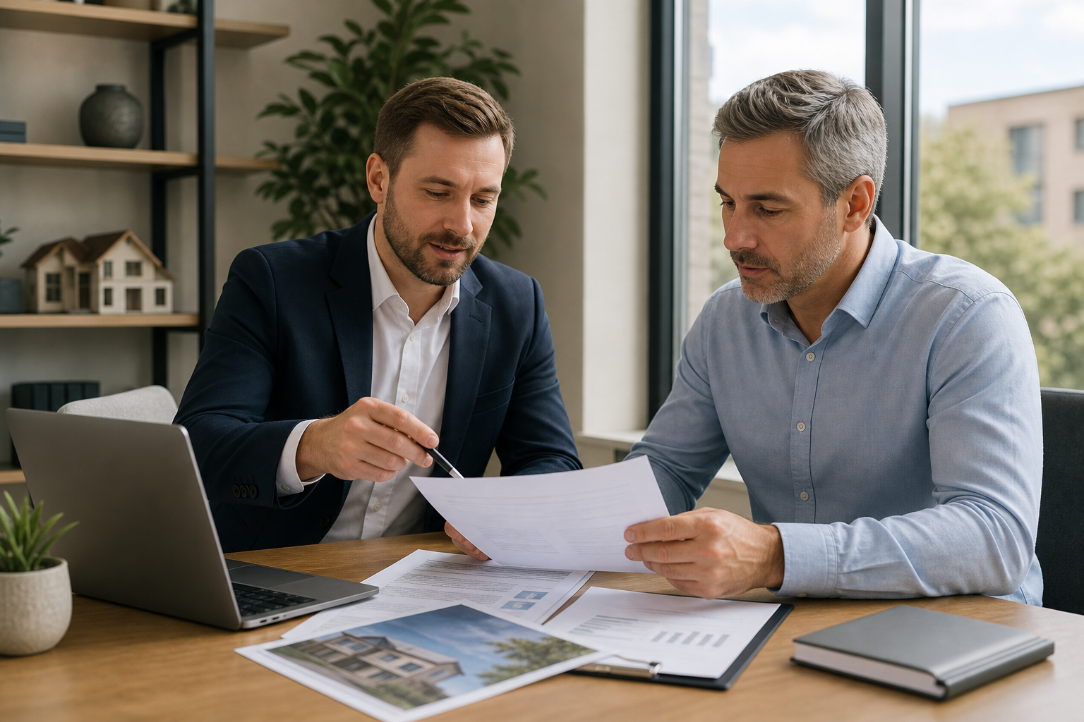 Real estate acquisition advisor and property owner reviewing documents in a modern office