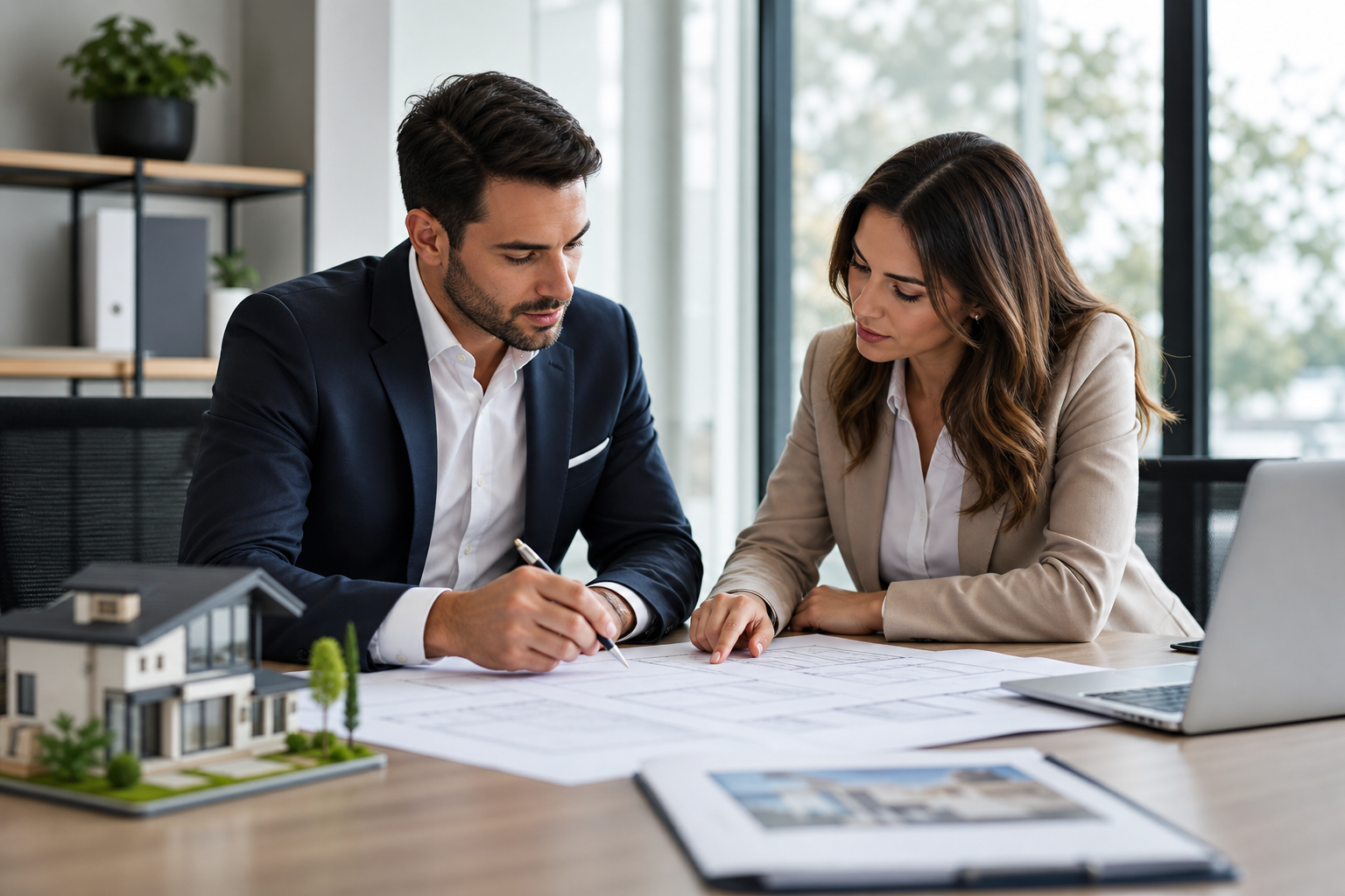 Professional business meeting with advisors reviewing property plans