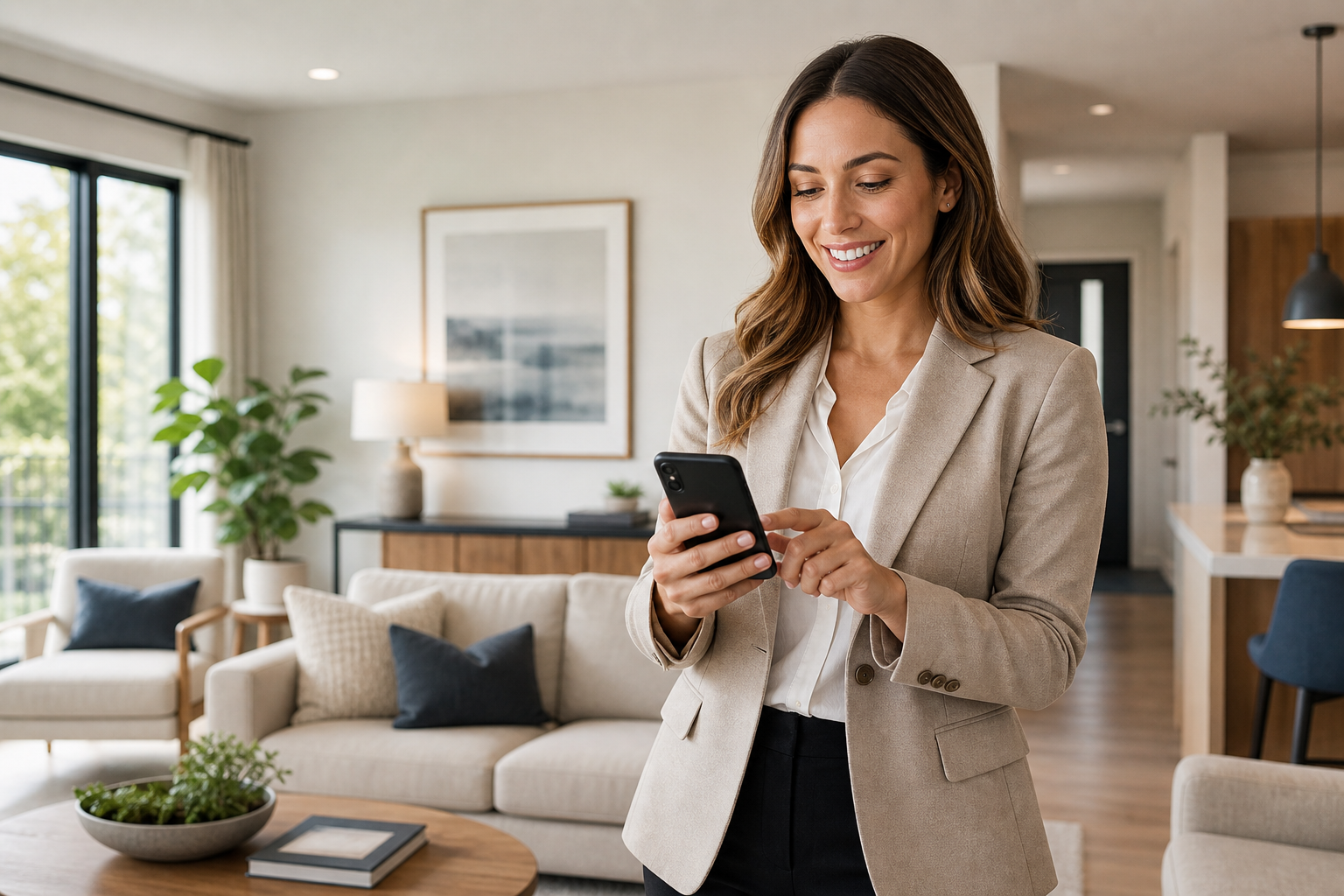 Smiling property manager using a smartphone to respond to guest messages in a bright living room