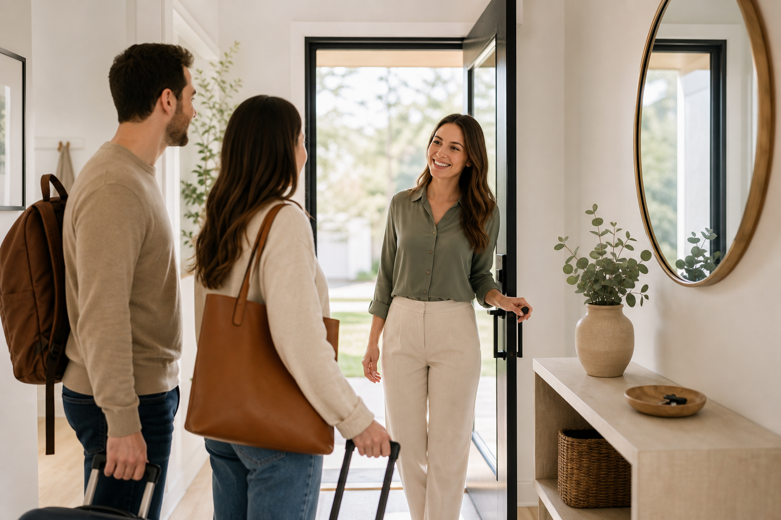 Friendly host greeting guests in a bright, modern entryway with a welcoming atmosphere