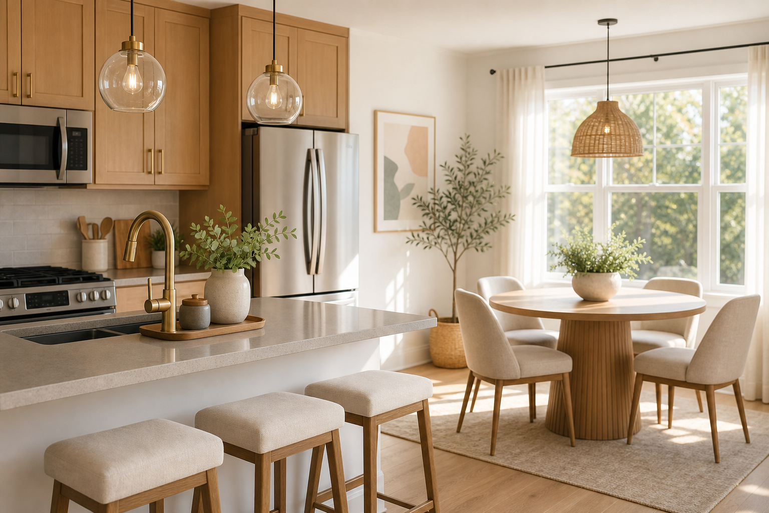 Sunlit rental kitchen and dining nook with upgraded fixtures, light wood cabinetry, and soft neutral styling