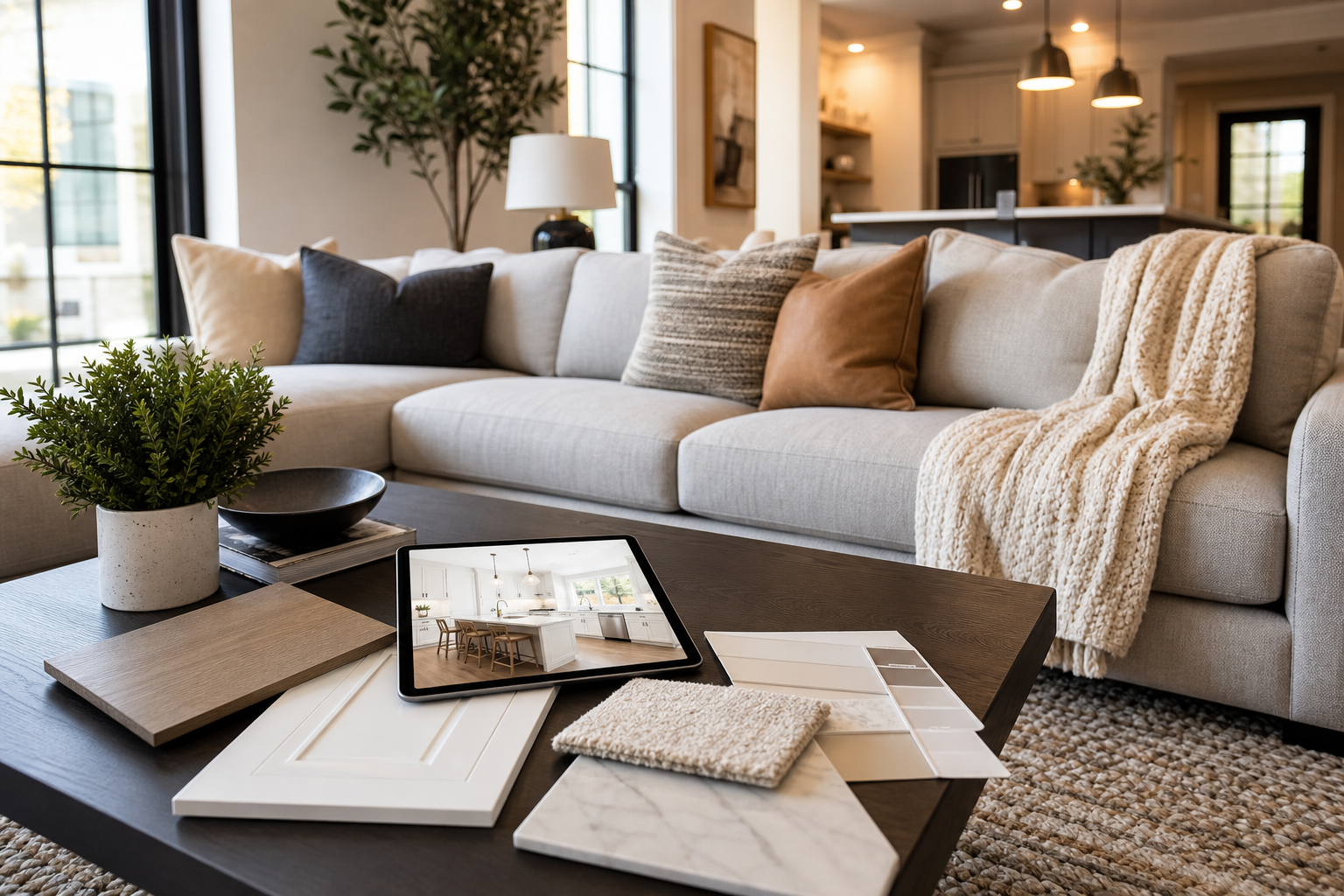 Upscale living room with modern furniture and design samples laid out for renovation planning