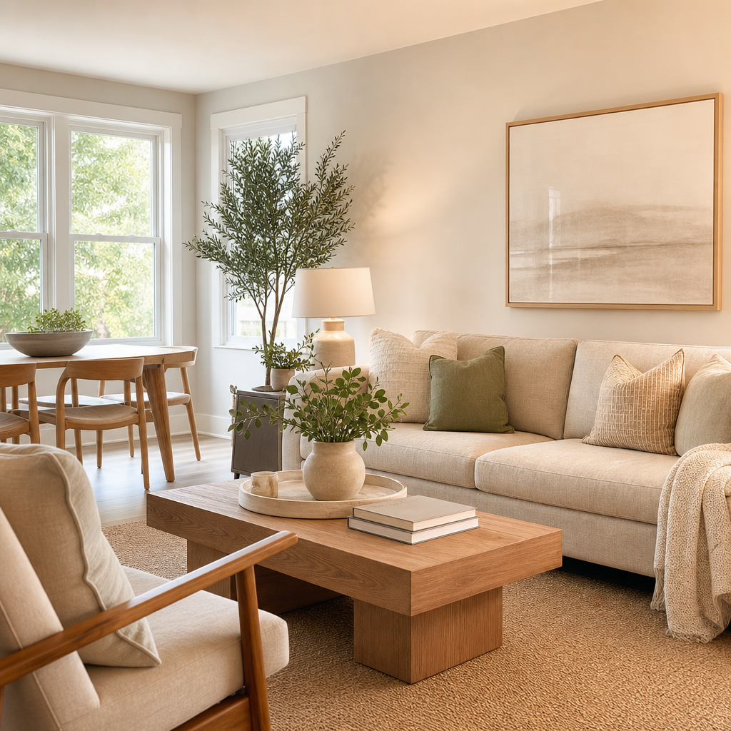 Warm, modern rental living room with soft neutral furnishings, light wood accents, and a refined, upscale finish