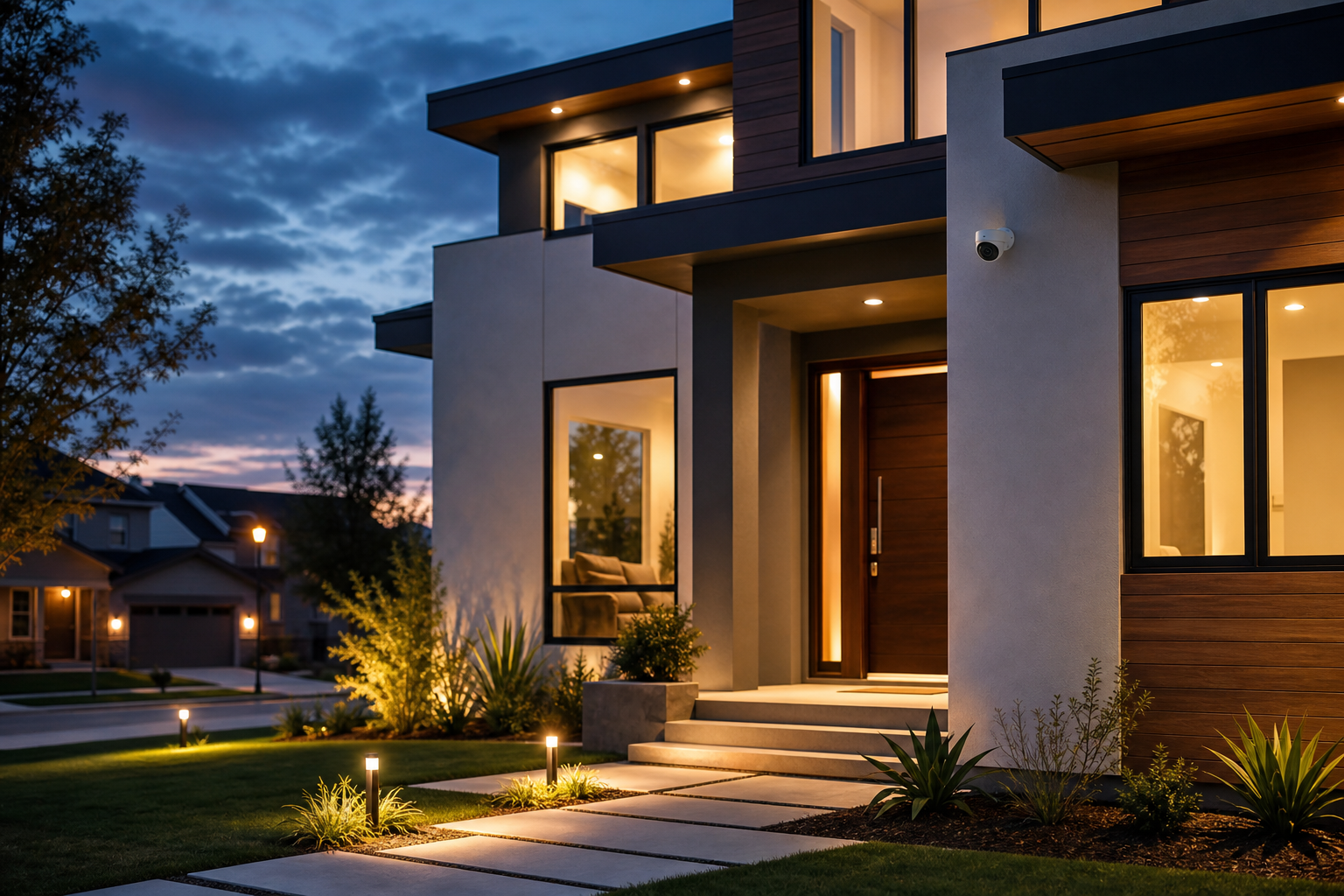 Evening exterior of a modern home with warm lights and a subtle security camera