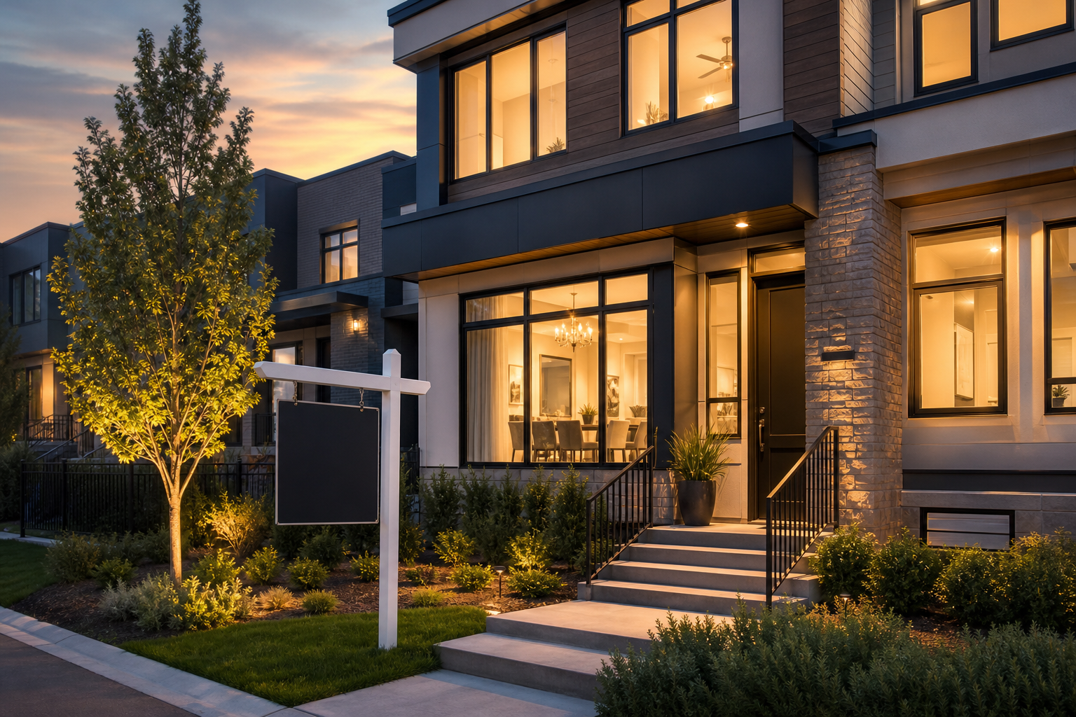Evening view of a contemporary townhouse with warm interior lighting and a subtle for-sale sign, conveying income during a sale