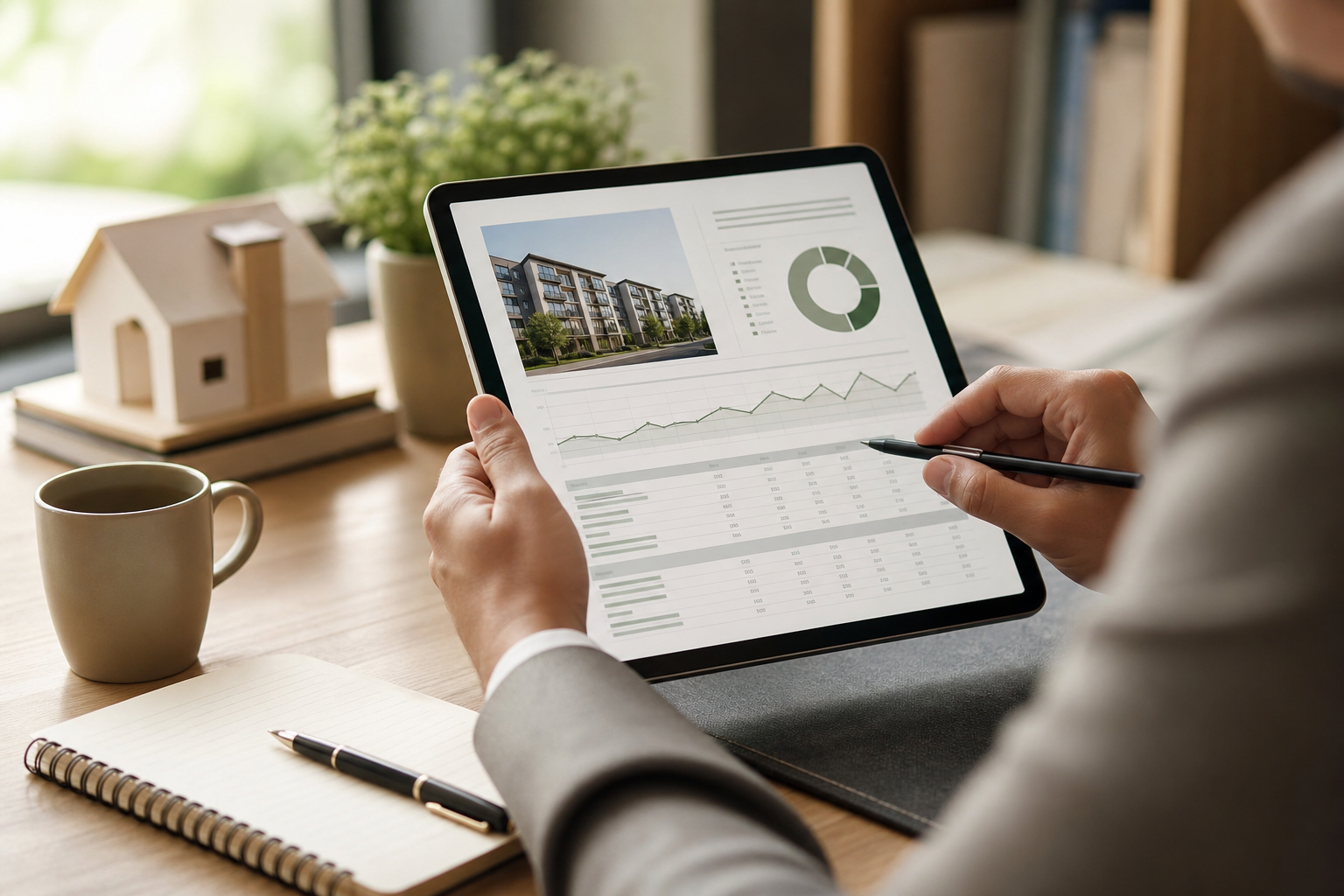 Close-up of a professional reviewing rental income statements on a tablet beside a notepad and coffee in a modern office