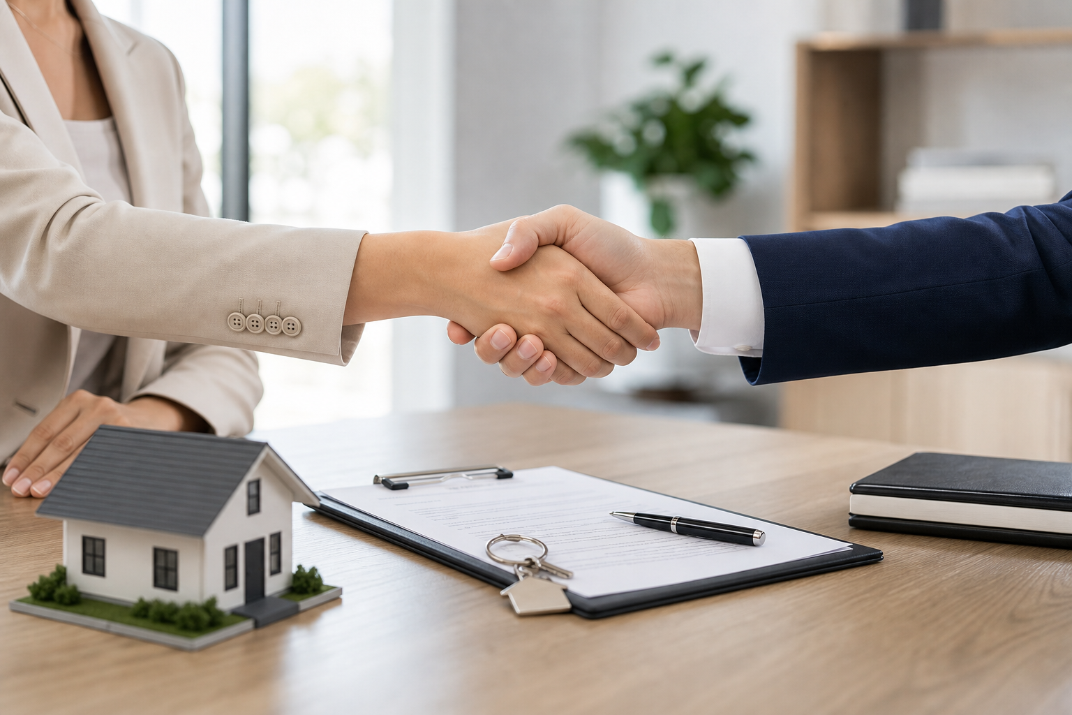 Handshake over rental management documents on a modern desk