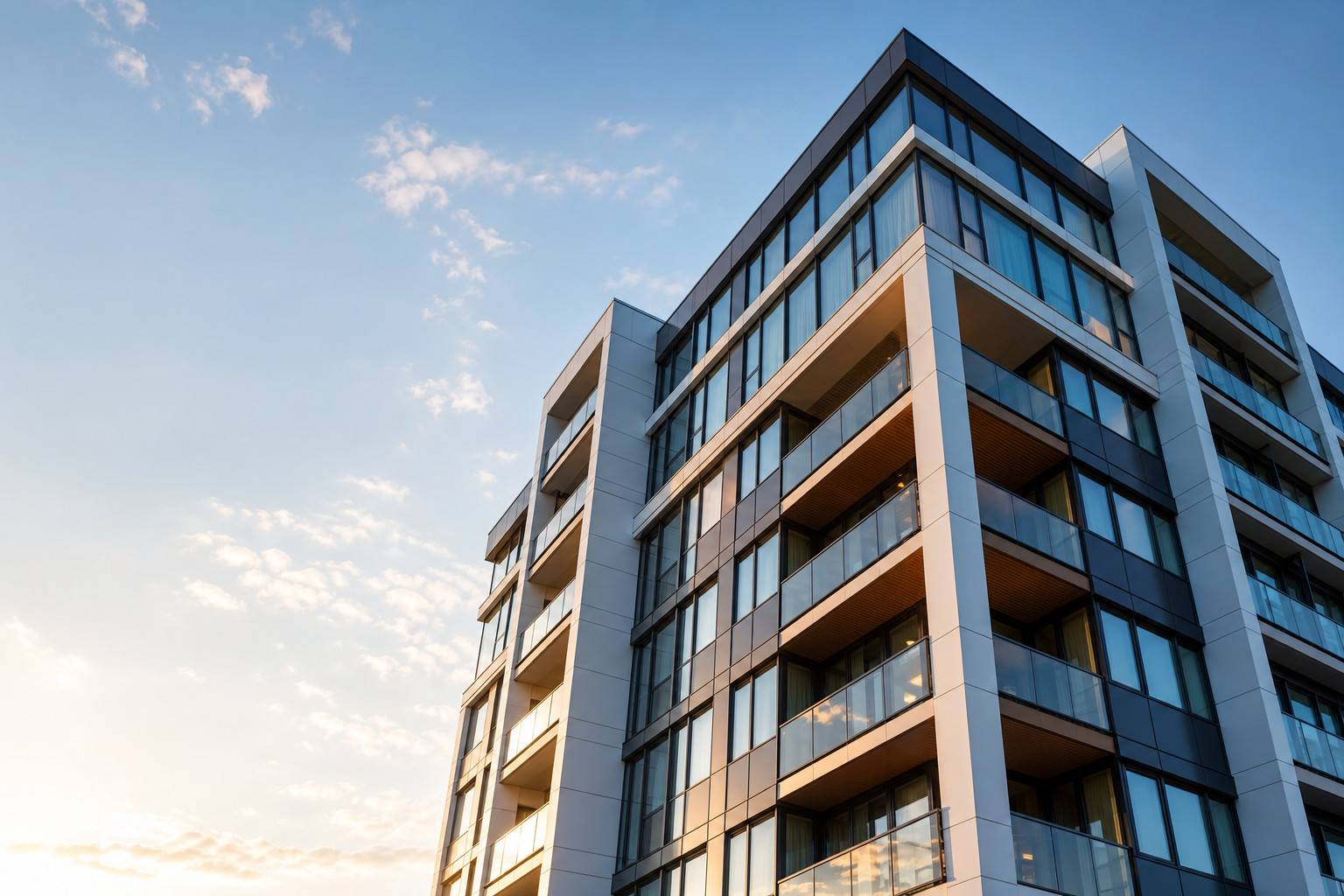 Modern architectural high-rise with clean glass lines and warm daylight