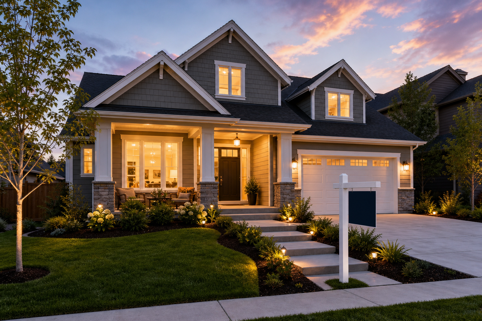 Elegant home exterior with a discreet for-sale sign and warm interior lights at dusk