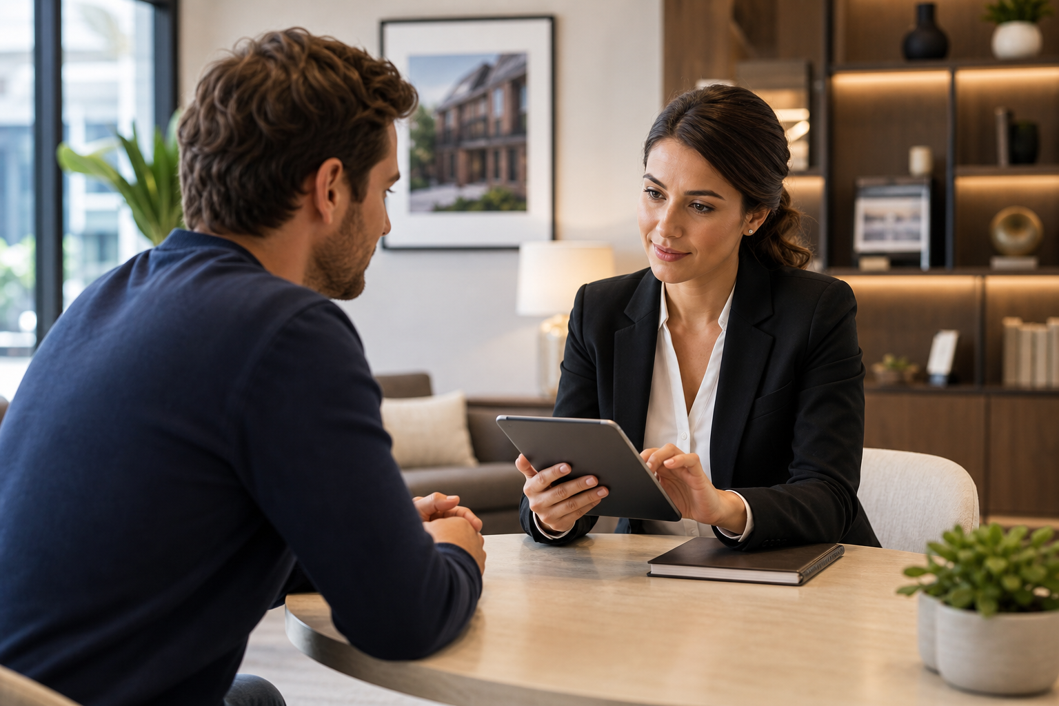 Professional hospitality manager reviewing a tablet with a guest, calm office setting