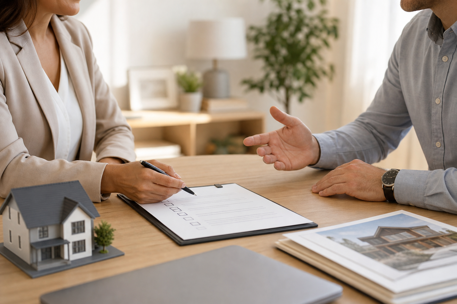 Calm consultation scene with two professionals discussing a checklist across a table, suggesting issue resolution