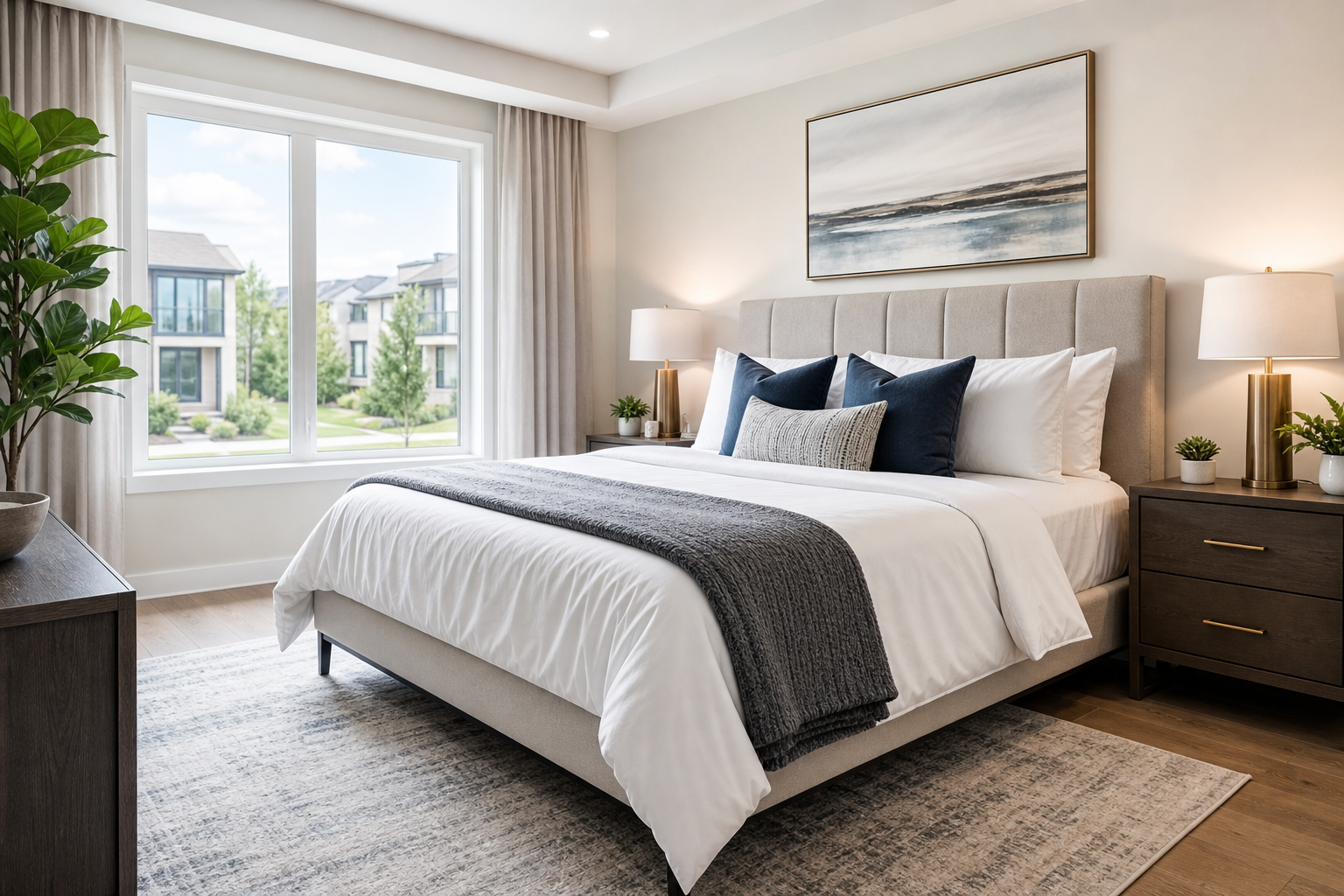 Bright upscale bedroom with freshly made bed and crisp linens
