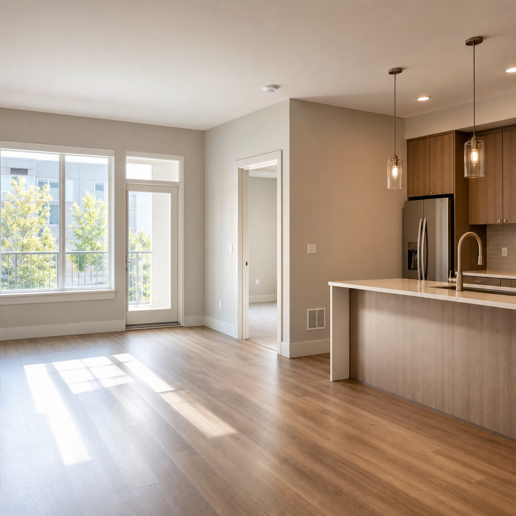 Bright staged apartment living room with open door and fresh linens, ready for new tenants