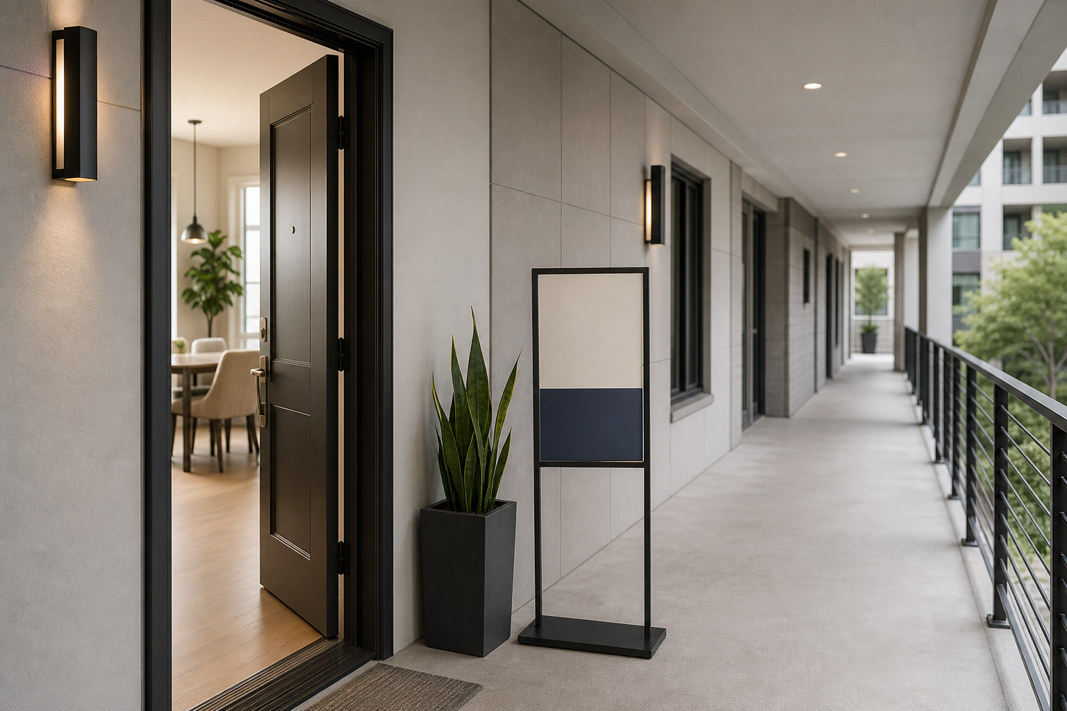 Modern apartment building hallway with open door and leasing sign, natural light