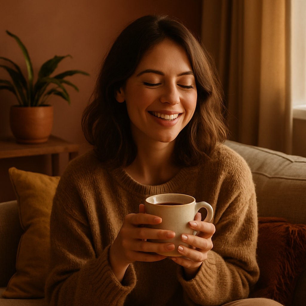 Smiling young woman enjoying coffee at home