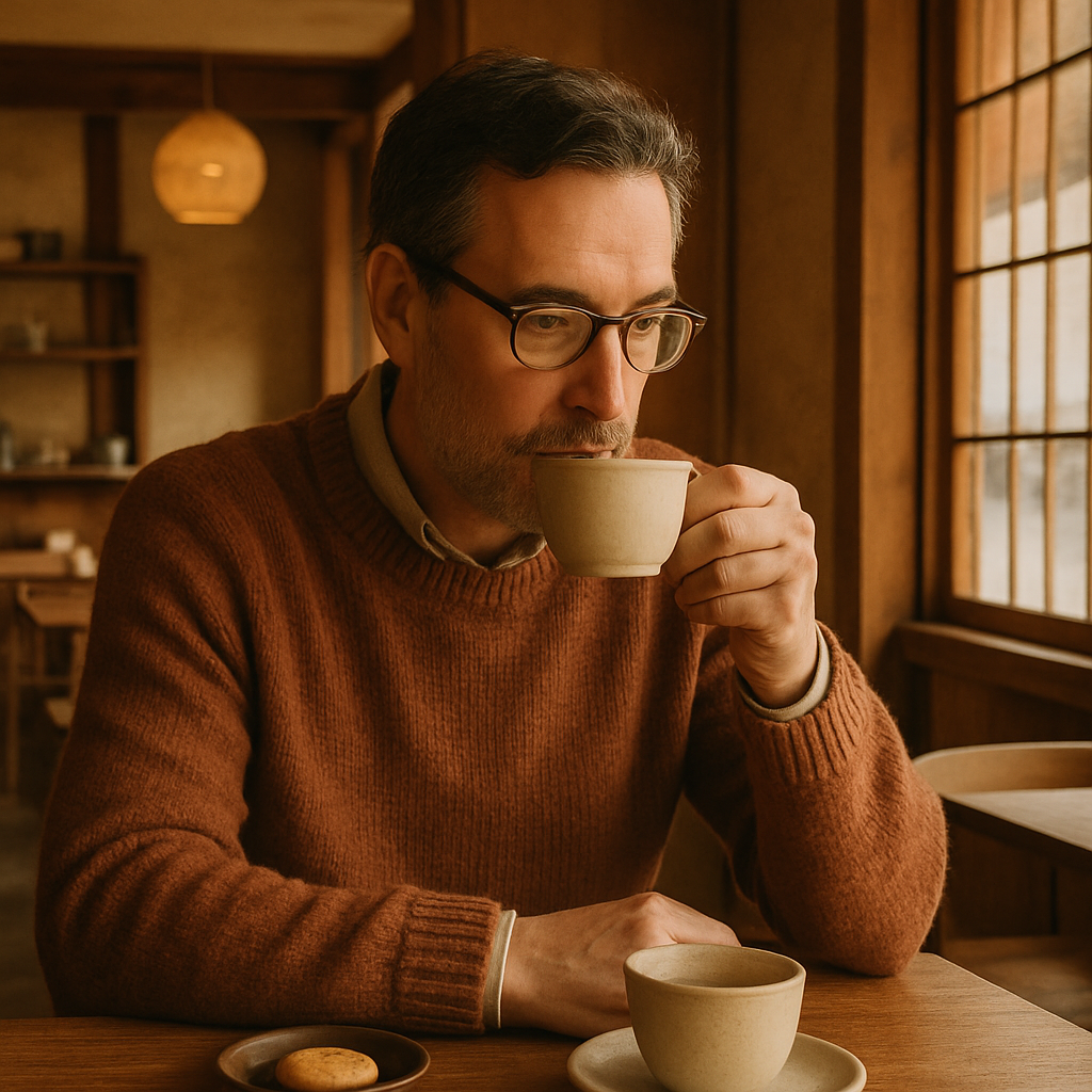 Middle-aged man sipping tea in a cozy café with wood and paper textures