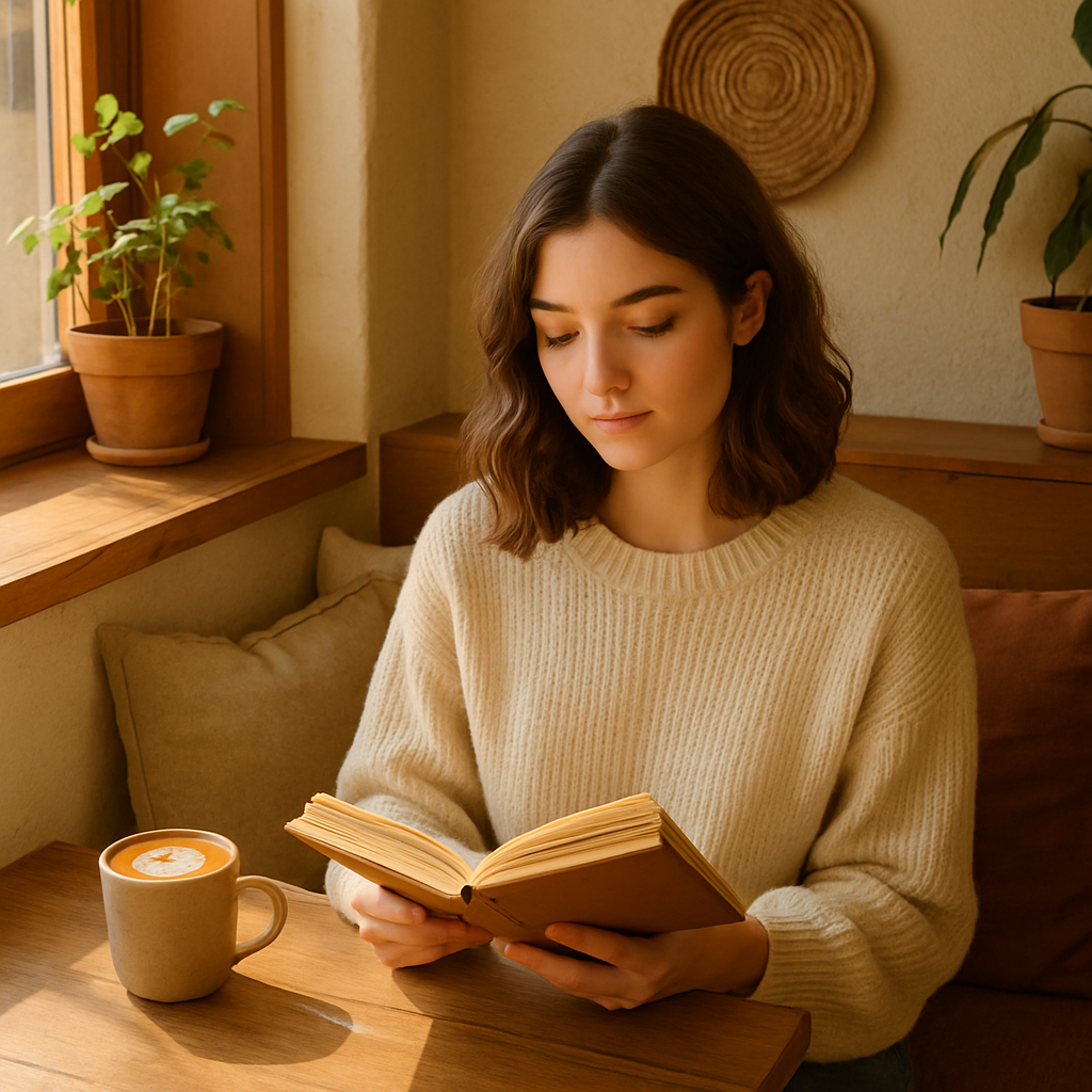 Young woman reading a book beside a latte in a sunlit, earthy-toned nook