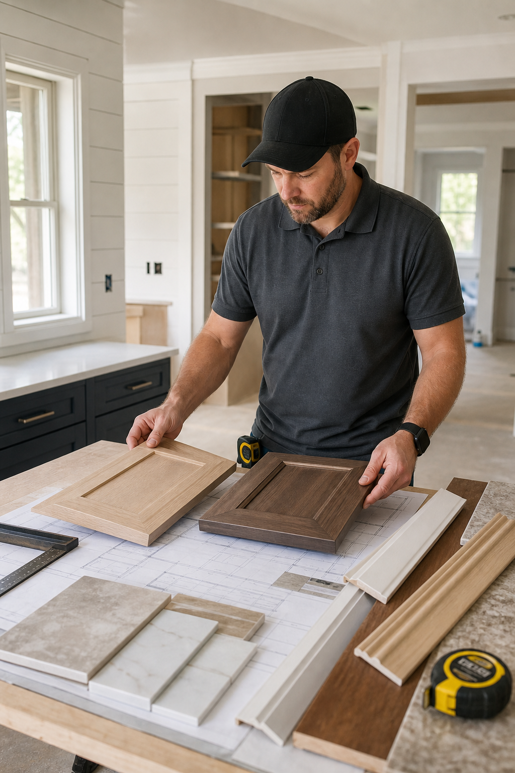 Residential contractor reviewing cabinetry materials and trim details in a bright Alabama home renovation site