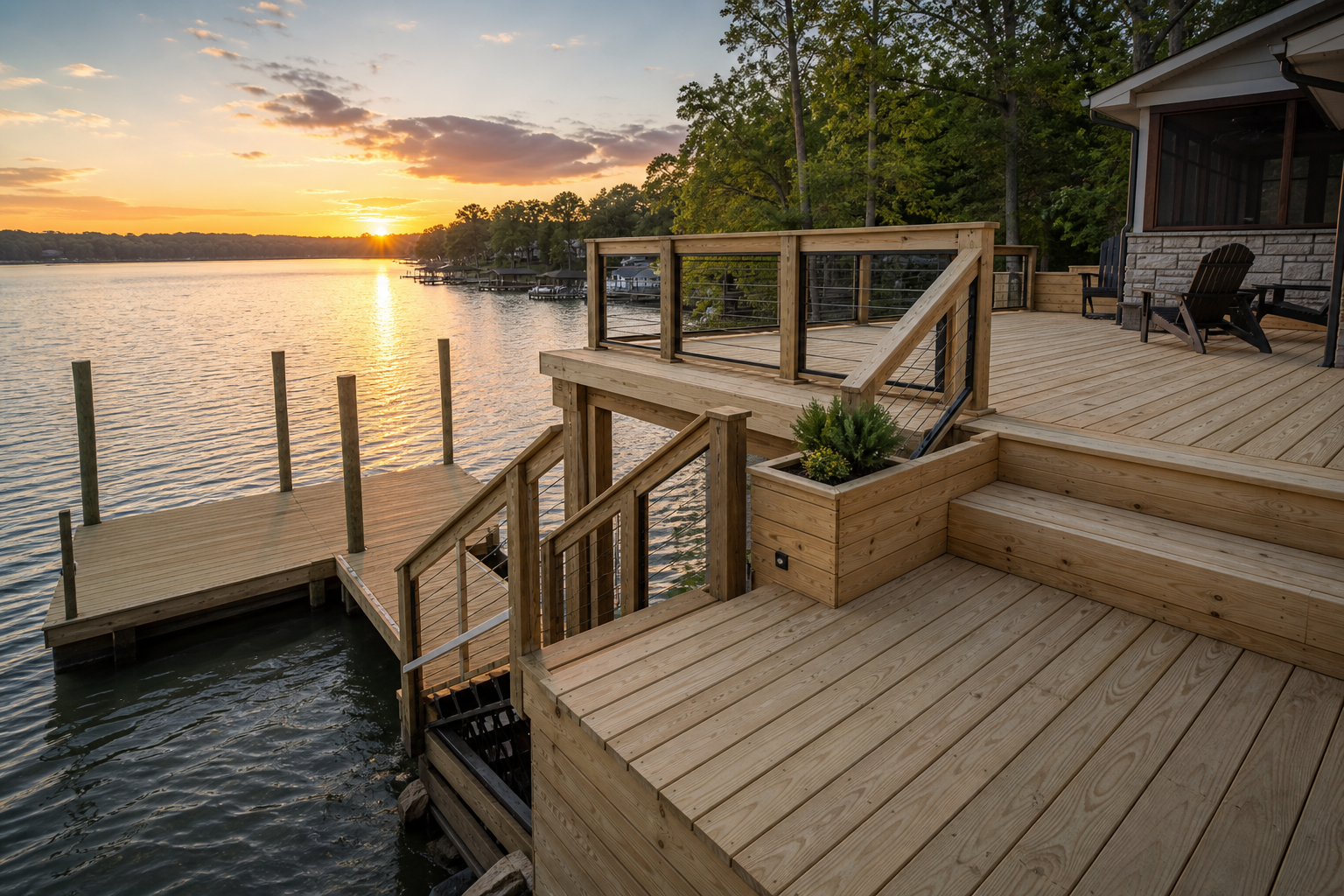 Custom deck and dock build extending outdoor living and secure waterfront access
