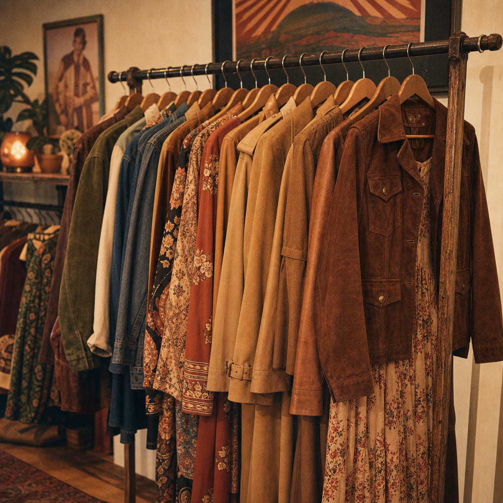 Warm film photo of a curated vintage clothing rack with earthy-toned jackets and 70s dresses