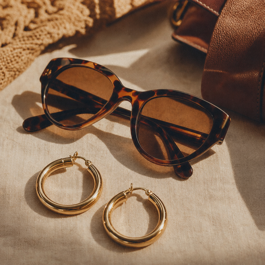 Soft-focus editorial photo of tortoiseshell sunglasses and gold hoop earrings on a linen surface