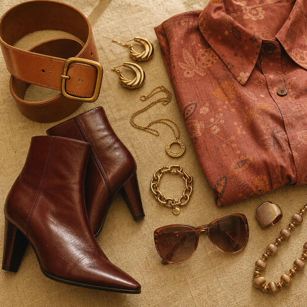 Overhead film-style flat lay of 80s accessories, boots, and a patterned blouse in warm neutral tones
