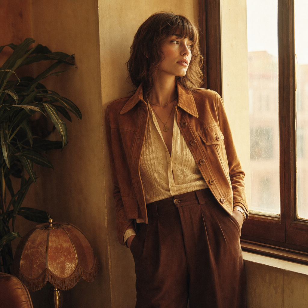 Warm editorial photo of a woman in a caramel suede jacket and high-waisted trousers, shot on film in soft window light