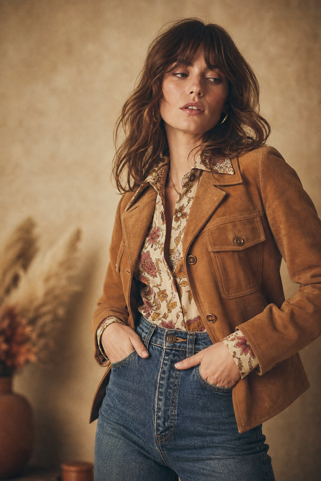 Editorial-style portrait of a woman wearing a 1970s suede jacket and high-waisted denim, lit with warm film tones and soft grain.