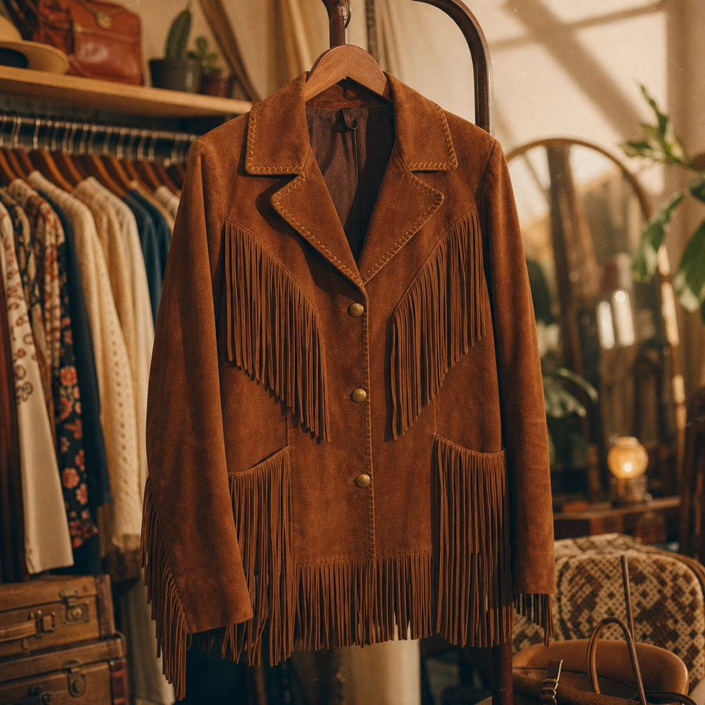 Warm-toned film photo of a caramel brown suede fringe jacket on a hanger with brass buttons