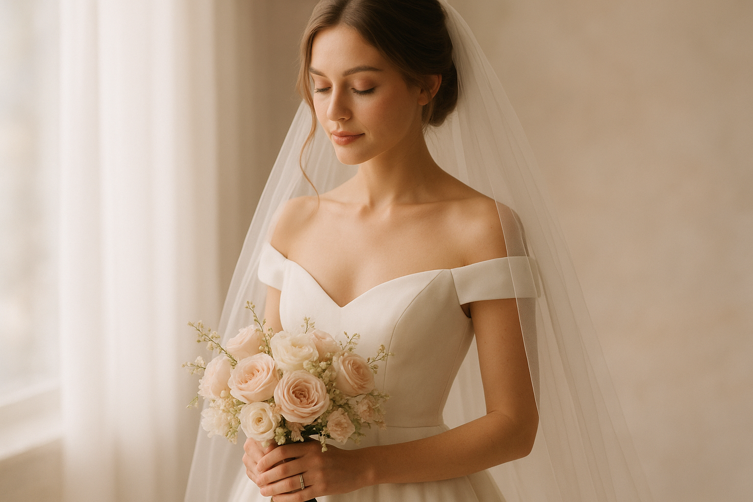 Bridal portrait in soft window light with a flowing veil and delicate bouquet