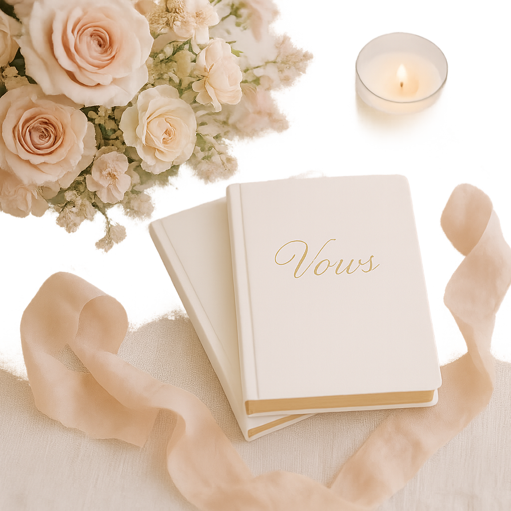 Ceremony details featuring blush florals and elegant vow books