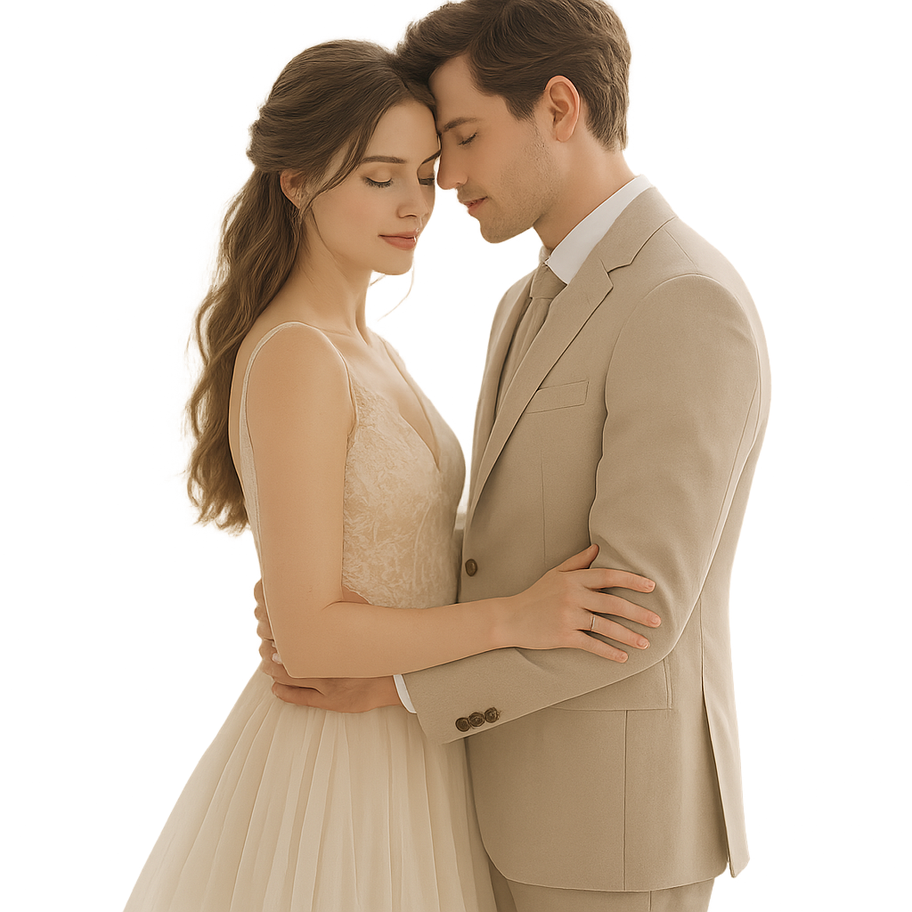 Romantic fine art wedding portrait of a couple in soft pastel tones