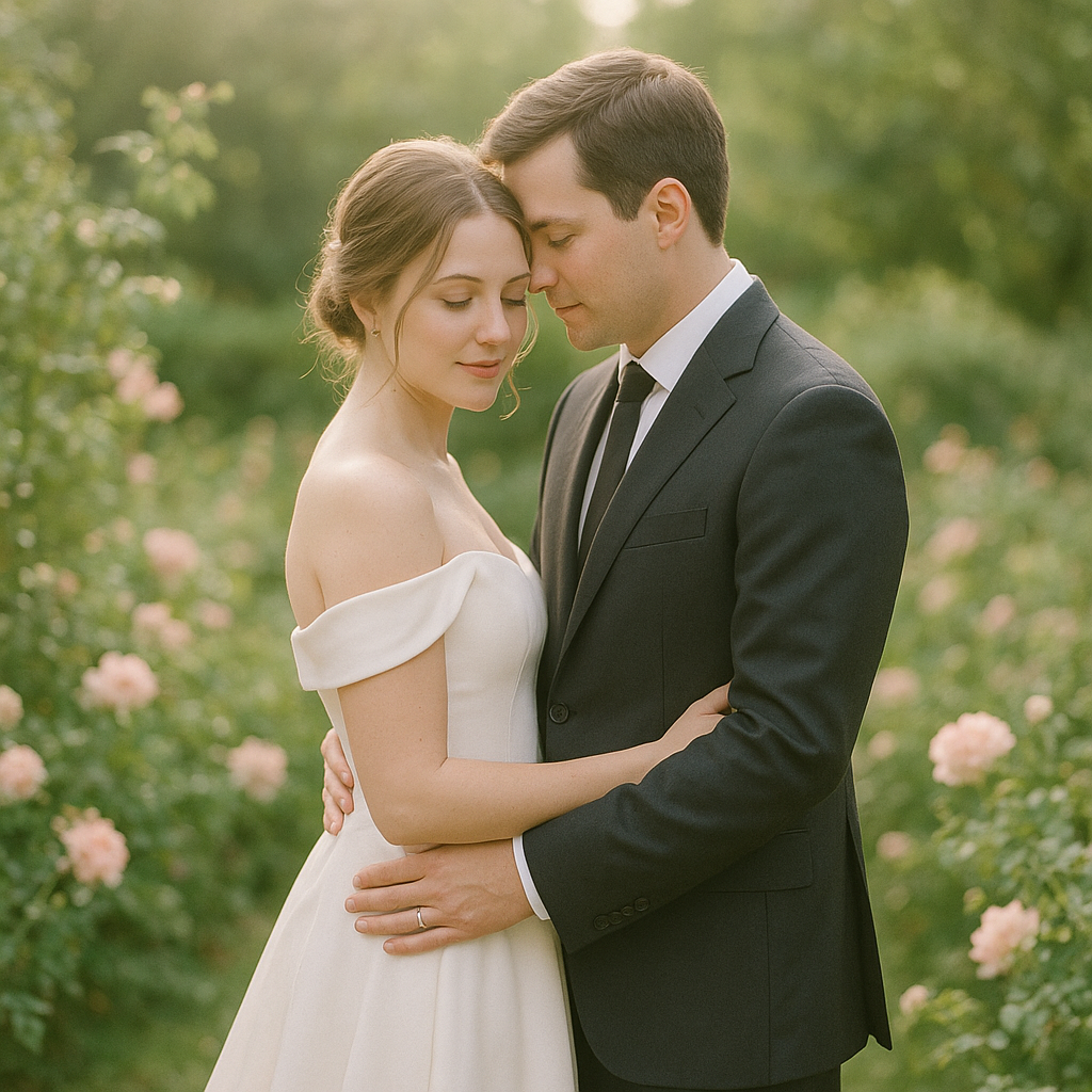 Couple moments with a bride and groom sharing a quiet embrace in a garden
