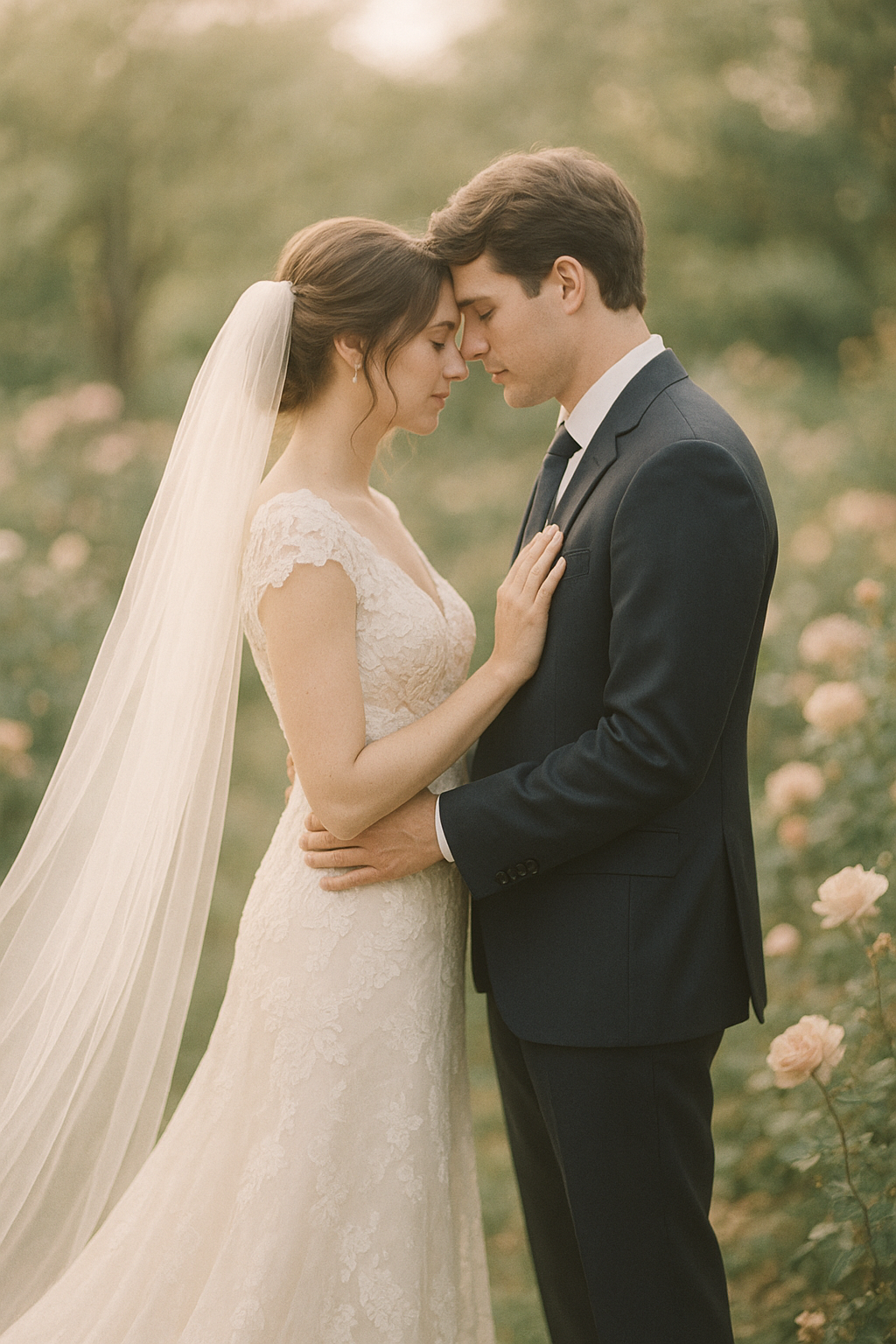 Bride and groom sharing a quiet, romantic moment under soft pastel light with gentle floral accents