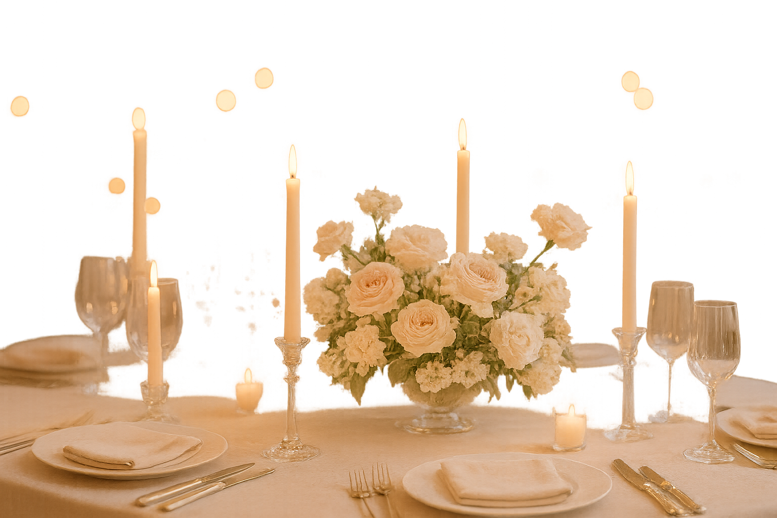 Reception atmosphere with candlelit tables, soft blush linens, and warm ambient glow