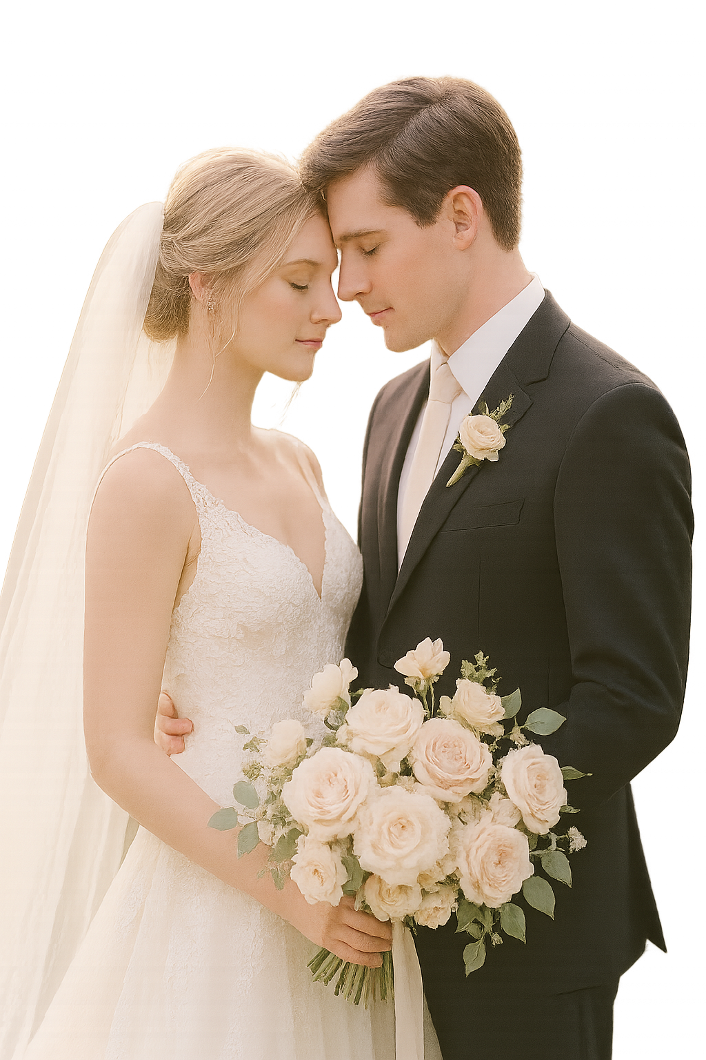 Elegant bride and groom sharing a quiet embrace beneath soft evening light, pastel florals in the background
