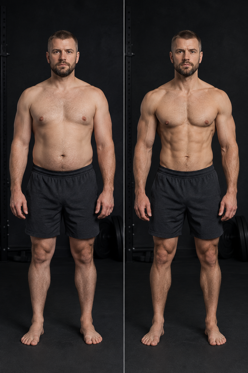 Two-panel before and after fitness transformation of Danylo, showing a leaner muscular physique after 12 weeks