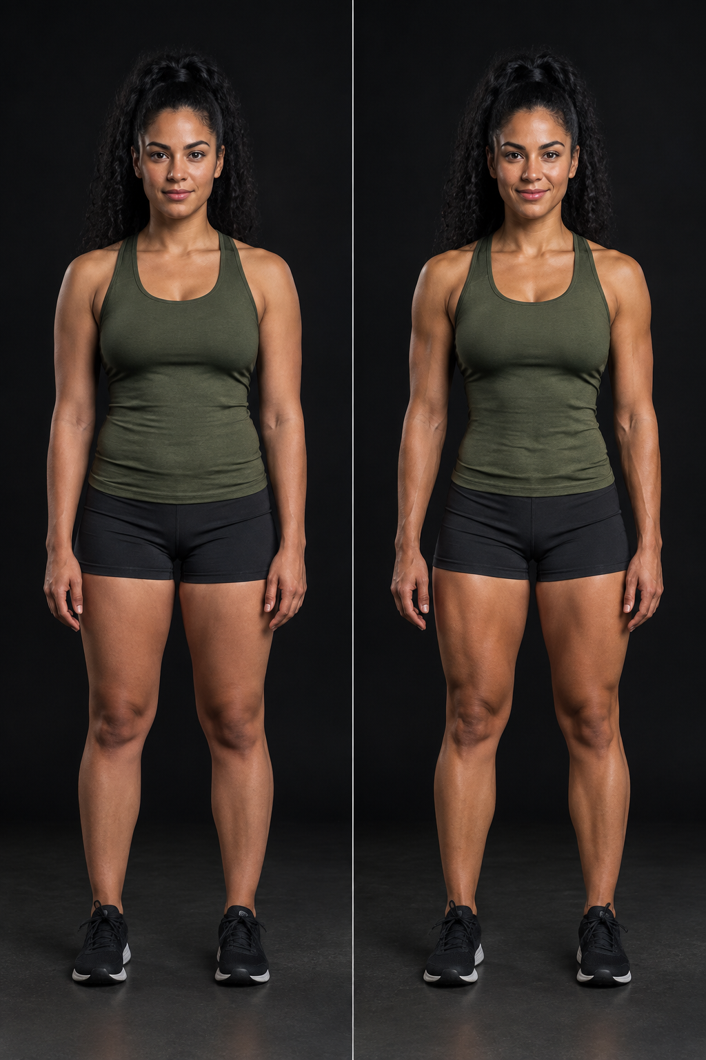 Two-panel before and after fitness transformation of Maya, showing a visibly fitter and more defined physique after 12 weeks