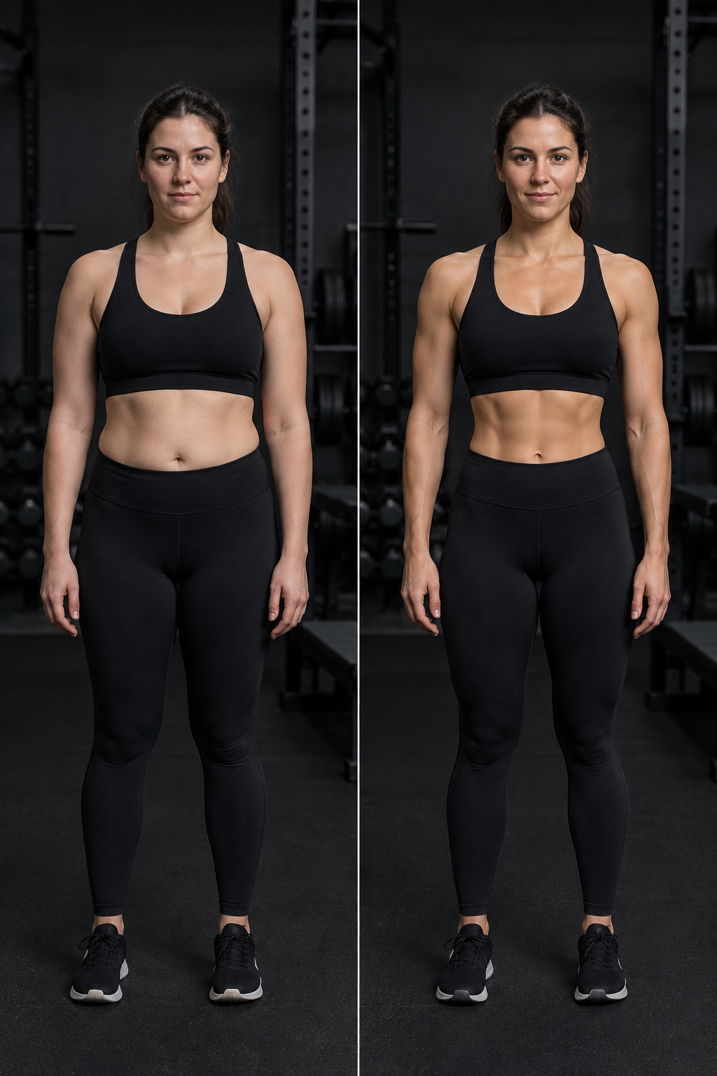 Two-panel before and after fitness transformation of Olena, showing a stronger athletic physique after 12 weeks
