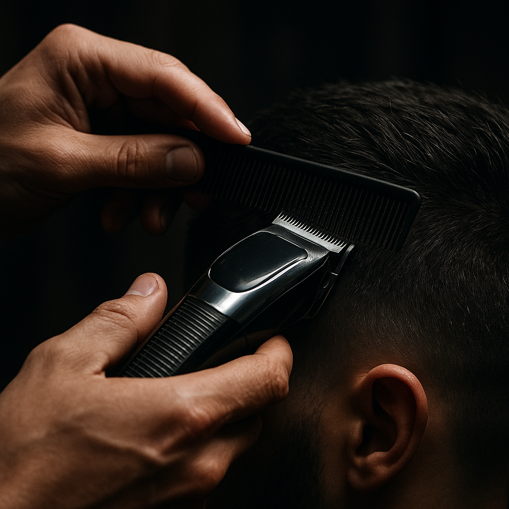 Barber hands working with clippers and comb