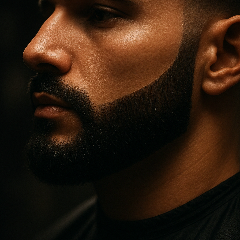 Close-up detail of precise beard lineup