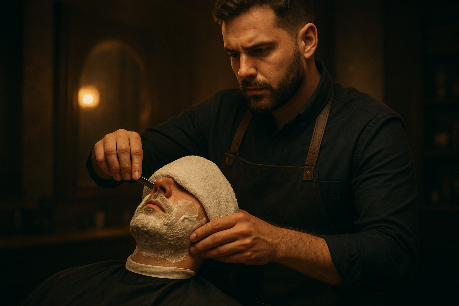 Client receiving a classic straight-razor shave