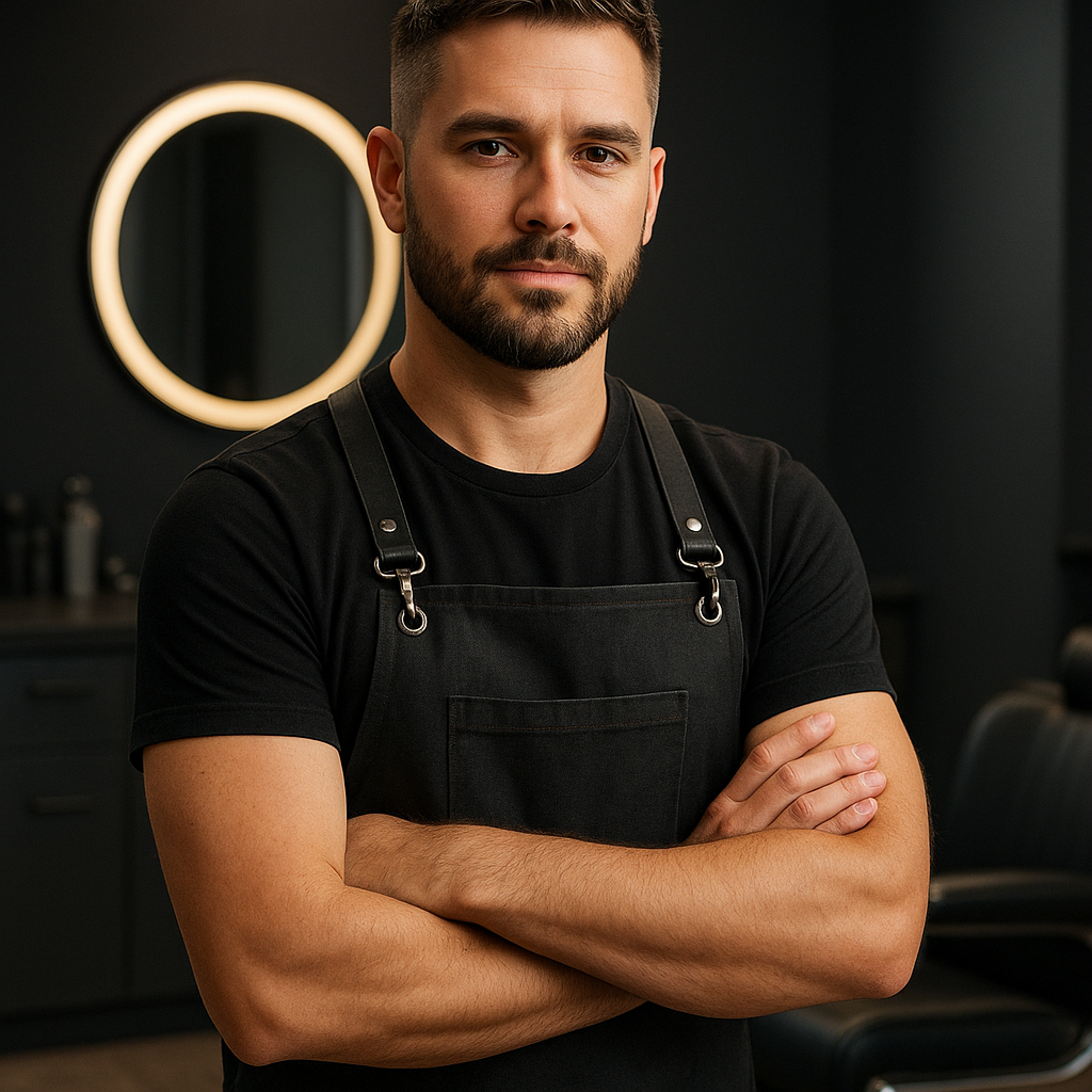 Confident male barber with short textured hair and a trimmed beard, wearing a dark apron