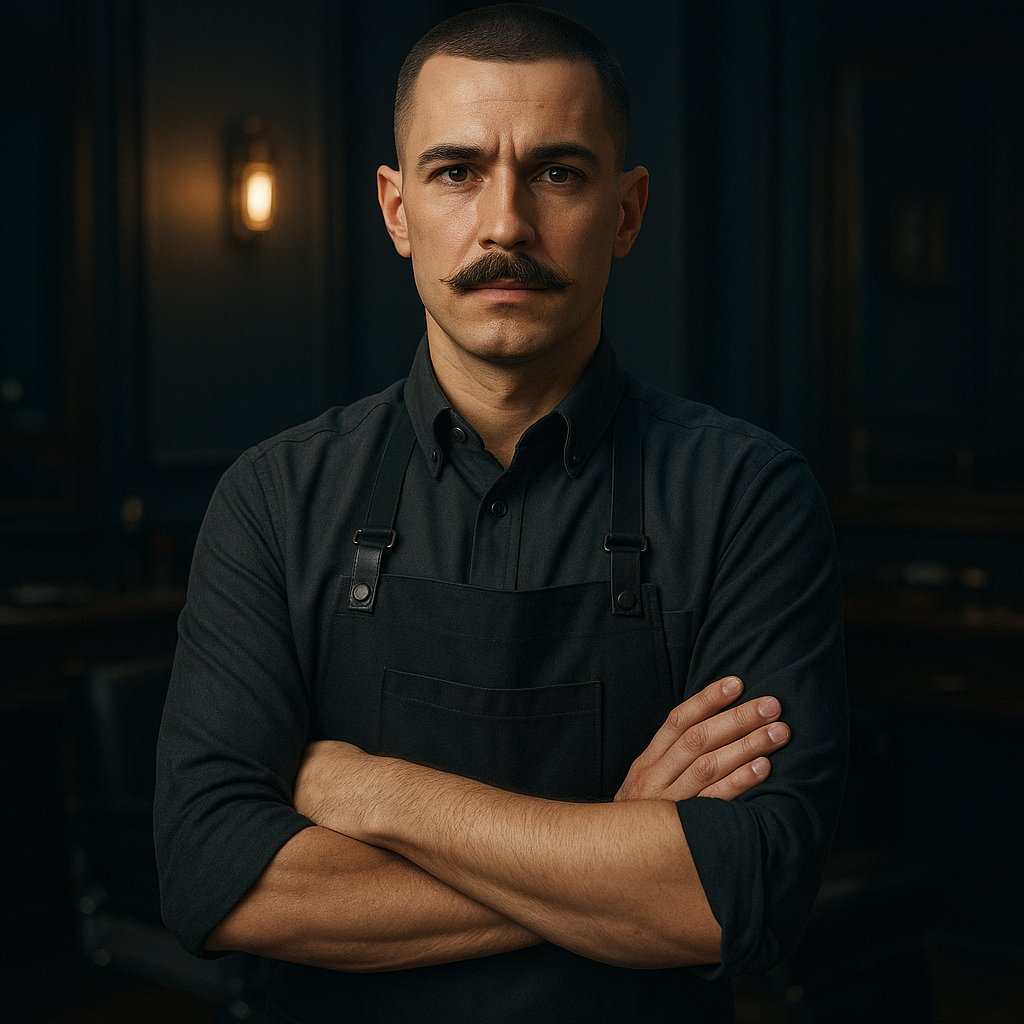 Professional barber with close-cropped hair and moustache, arms crossed in a barbershop