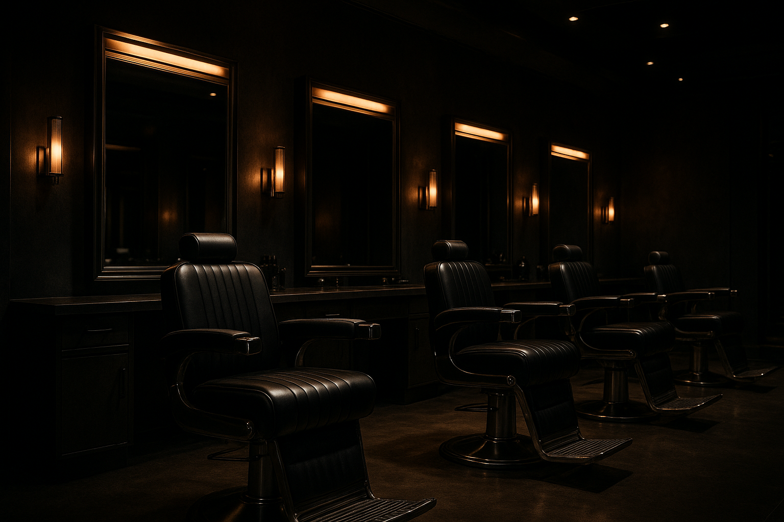 Premium barbershop interior with leather chairs and metal fixtures